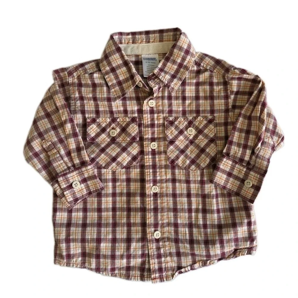 Gymboree Long Sleeve Button Down Shirt Maroon Beige Plaid Boys Size 6-12 Months